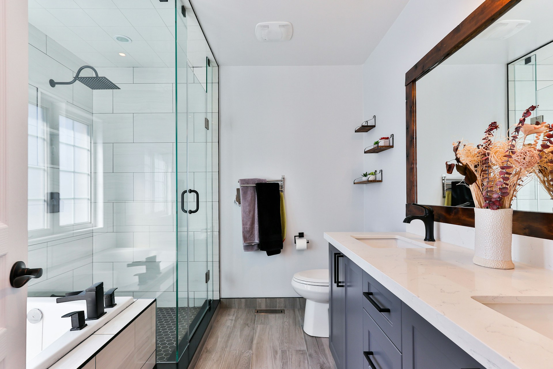 Master Ensuite Bathroom with Freestanding Travertine Tub